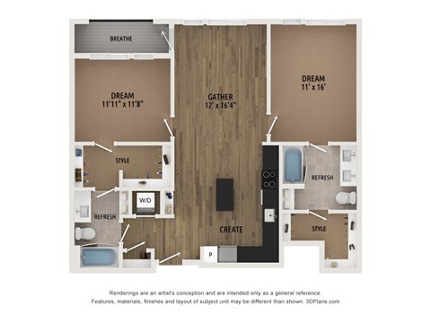 Floor plan for 2 beds, 2 baths, 1015 sqft